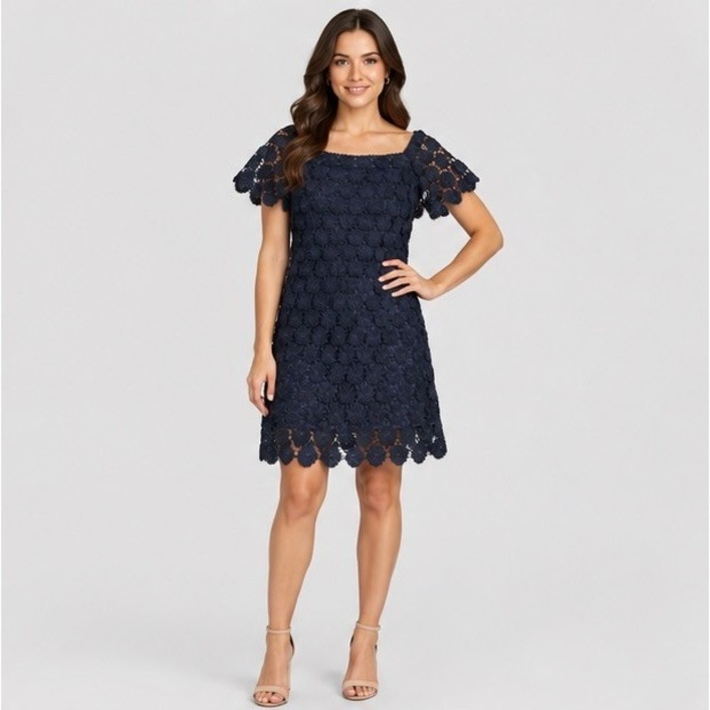 Trina Turk Womens M Navy Blue Floral Guipure Lace Shift Dress Boho Office Siren